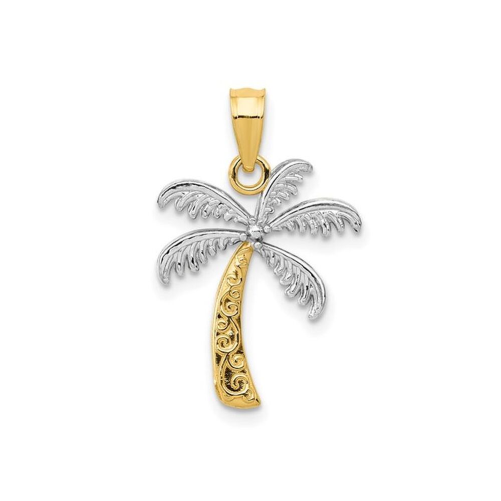 14K Yellow Gold with White Rhodium Palm Tree Charm Pendant (No Chain)